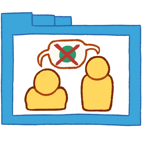 A hollow blue folder with thin lineart. It contains two simple emoji yellow people. Both of them speak the same speech bubble, which has a green circle with a large red X over it.